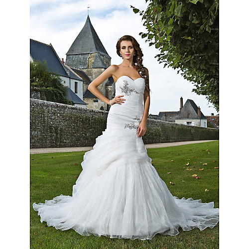 

Mermaid / Trumpet Wedding Dresses Sweetheart Neckline Chapel Train Organza Sleeveless with Ruched Beading Appliques 2021
