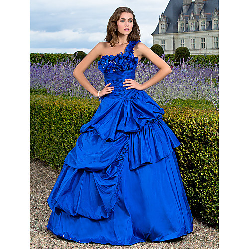 

Ball Gown Vintage Inspired Quinceanera Prom Formal Evening Dress One Shoulder Sleeveless Floor Length Taffeta with Pick Up Skirt Ruched Side Draping 2021