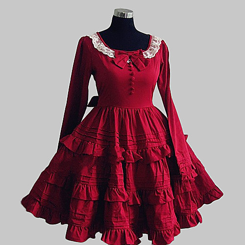 

Princess Sweet Lolita Vacation Dress Dress Women's Girls' Cotton Japanese Cosplay Costumes Red Solid Colored Bowknot Lace Long Sleeve Knee Length