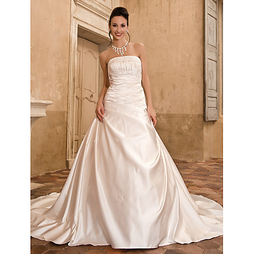 

Princess A-Line Wedding Dresses Strapless Chapel Train Satin Sleeveless with 2021