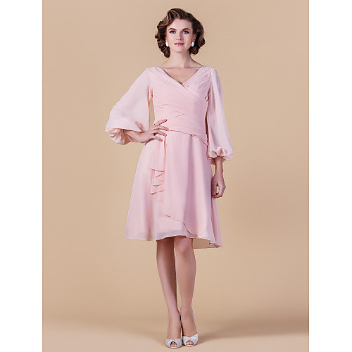 

A-Line Mother of the Bride Dress V Neck Knee Length Chiffon 3/4 Length Sleeve with Criss Cross Draping 2021