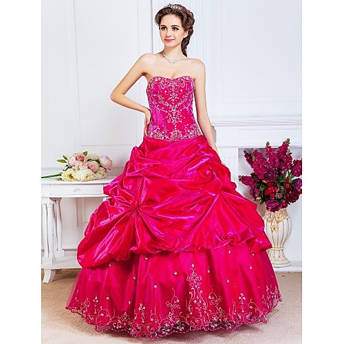 

Ball Gown Vintage Inspired Quinceanera Prom Formal Evening Dress Sweetheart Neckline Strapless Sleeveless Floor Length Satin with Pick Up Skirt Beading Embroidery 2021