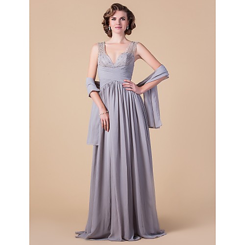 

A-Line Mother of the Bride Dress Wrap Included Straps V Neck Floor Length Chiffon Sleeveless with Criss Cross Beading Draping 2021