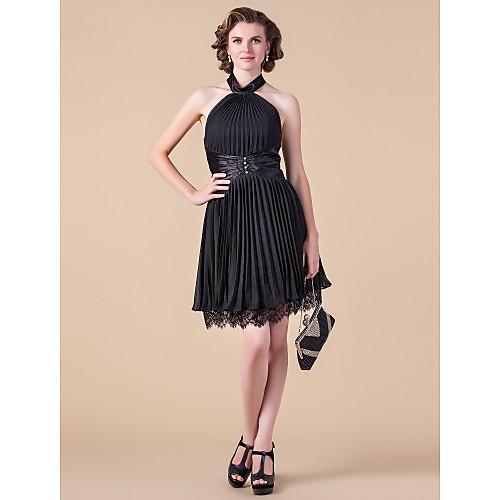 

A-Line Mother of the Bride Dress Halter Neck High Neck Knee Length Chiffon Sleeveless with Lace Pleats Beading 2021