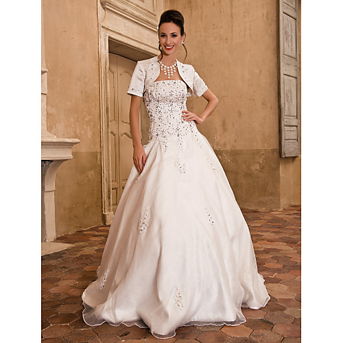 

Ball Gown Wedding Dresses Strapless Floor Length Satin Short Sleeve Sparkle & Shine with Beading Appliques 2021