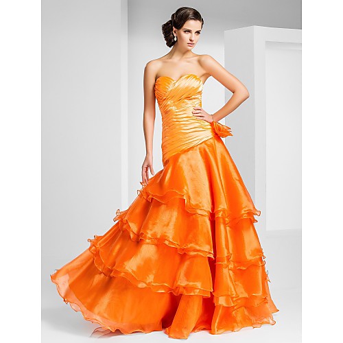 

Ball Gown Open Back Prom Formal Evening Dress Sweetheart Neckline Strapless Sleeveless Floor Length Organza with Criss Cross Ruffles Side Draping 2021