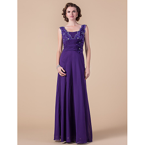 

A-Line Mother of the Bride Dress Square Neck Floor Length Chiffon Lace Sleeveless with Ruched Beading Appliques 2021