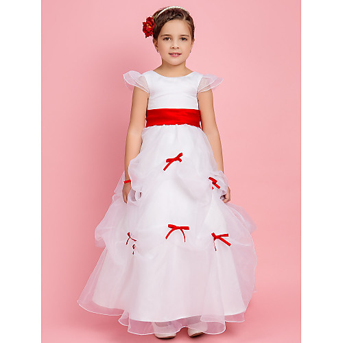 

Princess / Ball Gown / A-Line Floor Length First Communion / Wedding Party Organza Short Sleeve Jewel Neck with Pick Up Skirt / Sash / Ribbon / Bow(s)