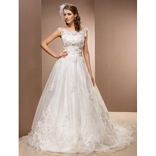 

A-Line Wedding Dresses Scoop Neck Chapel Train Lace Organza Sleeveless with Sash / Ribbon Beading Appliques 2021