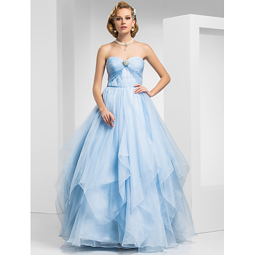 

Ball Gown Vintage Inspired Quinceanera Prom Formal Evening Dress Sweetheart Neckline Strapless Sleeveless Floor Length Organza with Criss Cross Draping Crystal Brooch 2021