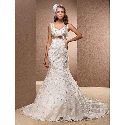 

Mermaid / Trumpet Wedding Dresses V Neck Court Train Satin Sleeveless Sparkle & Shine with 2021