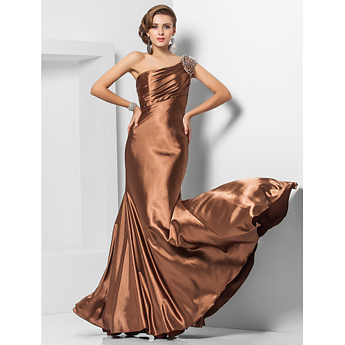

Mermaid / Trumpet Open Back Formal Evening Military Ball Dress One Shoulder Short Sleeve Floor Length Stretch Satin with Beading Side Draping 2021
