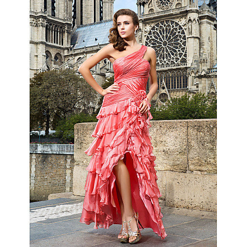 

A-Line High Low Prom Formal Evening Military Ball Dress One Shoulder Sleeveless Asymmetrical Floor Length Chiffon with Side Draping Flower 2021