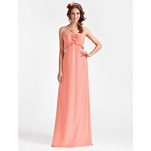 

Princess / A-Line Spaghetti Strap Floor Length Chiffon Bridesmaid Dress with Ruched / Ruffles / Flower