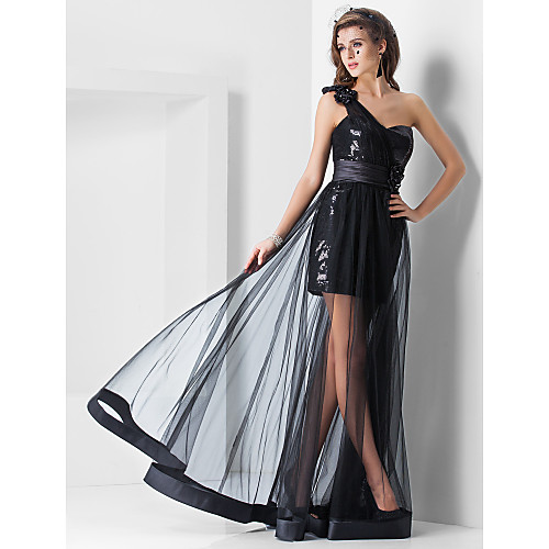 

Sheath / Column Elegant Sparkle & Shine See Through Formal Evening Dress One Shoulder Sweetheart Neckline Sleeveless Asymmetrical Floor Length Tulle Sequined with Ruched Draping Side Draping 2021