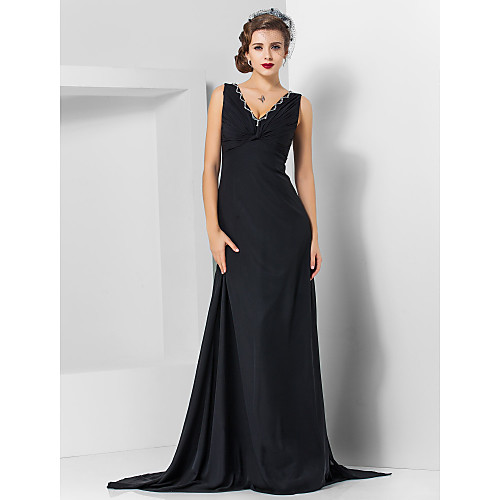 

Sheath / Column Elegant Engagement Formal Evening Dress V Neck Sleeveless Sweep / Brush Train Chiffon with Crystals Draping 2021