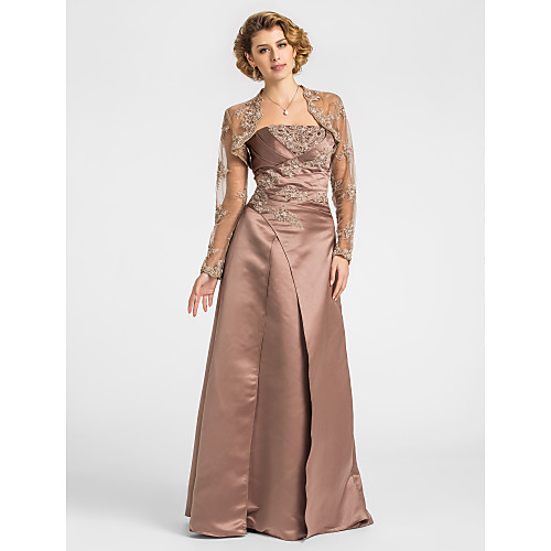 

A-Line Mother of the Bride Dress Strapless Floor Length Lace Satin Sleeveless with Criss Cross Beading Appliques 2021