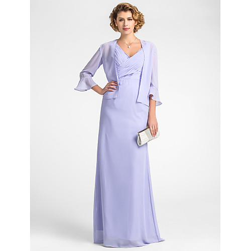 

Sheath / Column Mother of the Bride Dress Wrap Included V Neck Floor Length Chiffon 3/4 Length Sleeve with Criss Cross Beading 2021
