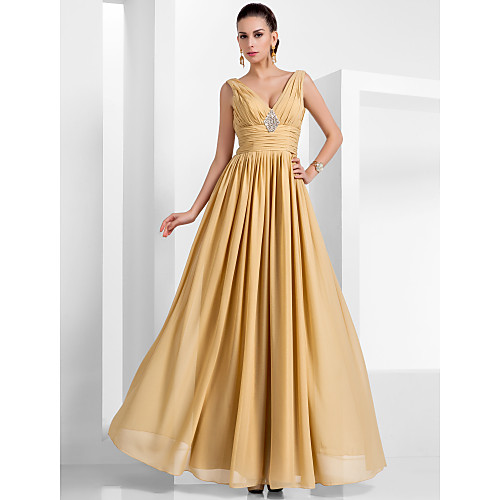 

A-Line Empire Wedding Guest Formal Evening Dress V Neck Sleeveless Floor Length Chiffon with Pleats Crystals 2021