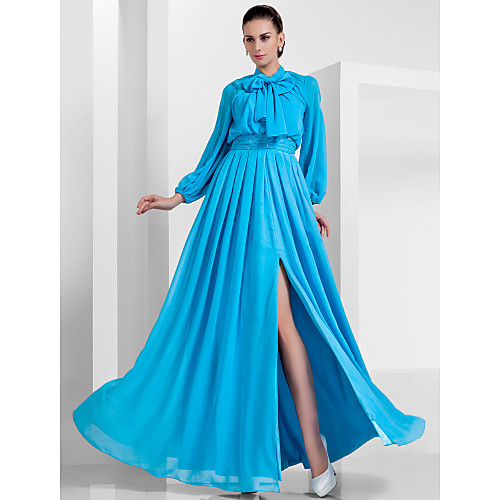 

Ball Gown Vintage Inspired Formal Evening Military Ball Dress High Neck Long Sleeve Floor Length Chiffon with Bow(s) Beading Draping 2021