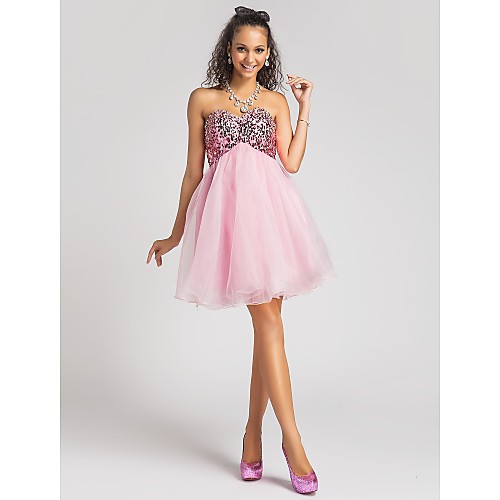 

Ball Gown Homecoming Cocktail Party Prom Dress Sweetheart Neckline Strapless Sleeveless Short / Mini Organza Sequined with Bow(s) Sequin Draping 2021