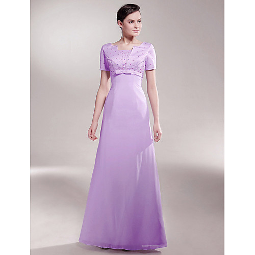 

A-Line Mother of the Bride Dress Elegant Queen Anne Floor Length Chiffon Satin Short Sleeve with Bow(s) Beading 2021