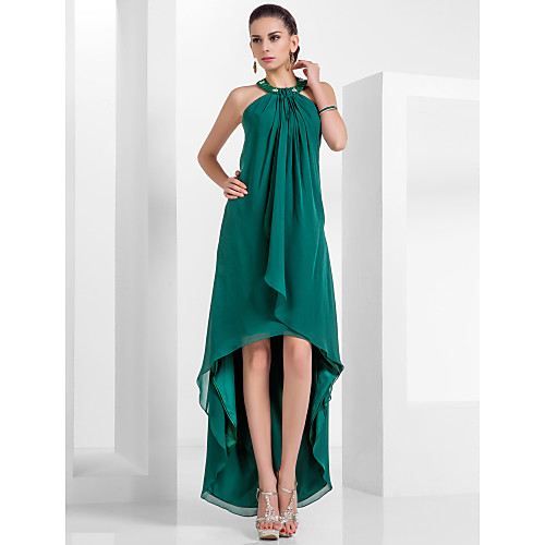 

A-Line Elegant High Low Cocktail Party Prom Dress Halter Neck Sleeveless Asymmetrical Chiffon with Pleats Beading 2021