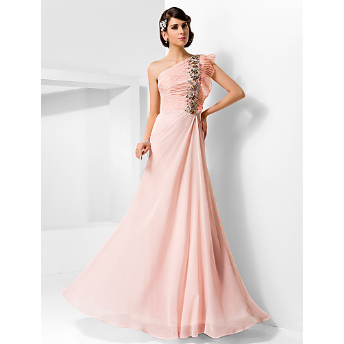 

Sheath / Column Prom Formal Evening Military Ball Dress One Shoulder Sleeveless Floor Length Chiffon with Beading Draping Side Draping 2021