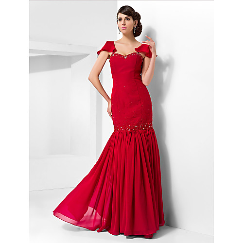 

Mermaid / Trumpet Open Back Prom Formal Evening Military Ball Dress Sweetheart Neckline Short Sleeve Floor Length Chiffon with Beading Draping 2021