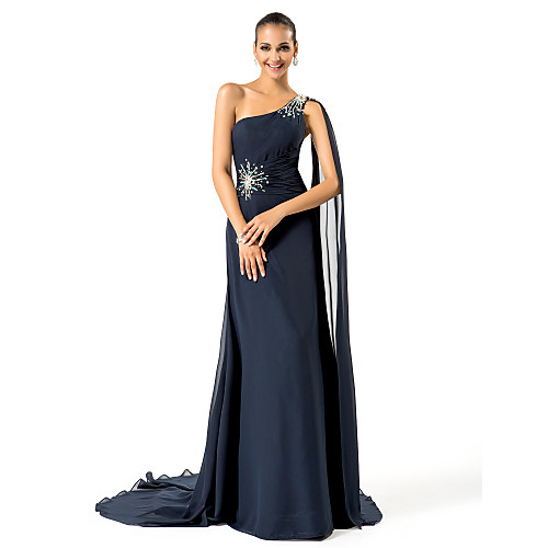 

Sheath / Column Formal Evening Military Ball Dress One Shoulder Sleeveless Sweep / Brush Train Chiffon with Beading Side Draping 2021