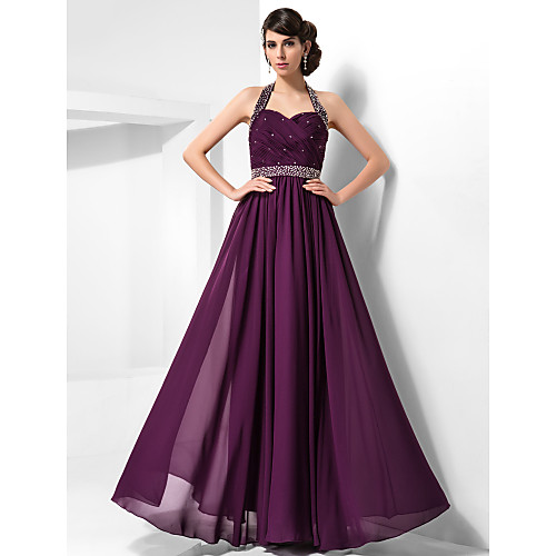 

Sheath / Column Open Back Prom Formal Evening Dress Halter Neck Sleeveless Floor Length Chiffon with Criss Cross Beading 2021