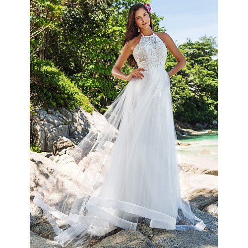 

Princess A-Line Wedding Dresses Halter Neck Chapel Train Lace Organza Sleeveless Open Back with Pearl Lace 2021