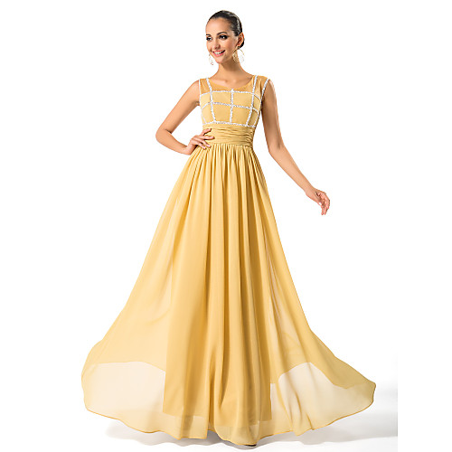 

A-Line Mother of the Bride Dress Sparkle & Shine Scoop Neck Floor Length Chiffon Sleeveless with Ruched Beading Draping 2021