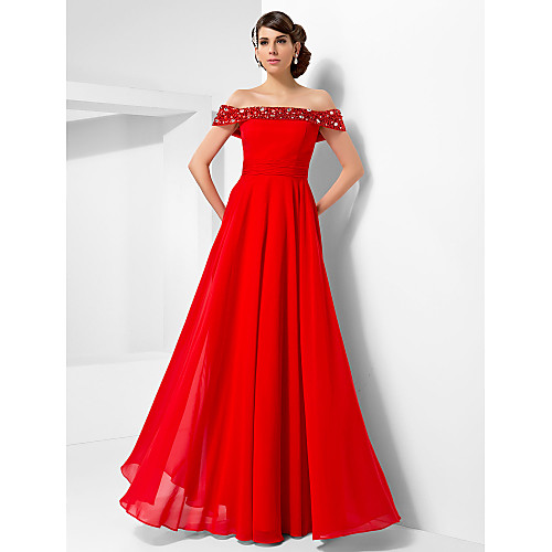 

Ball Gown Open Back Formal Evening Military Ball Dress Off Shoulder Short Sleeve Floor Length Chiffon with Beading Draping 2021