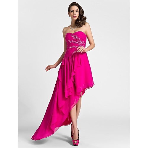 

A-Line High Low Cocktail Party Formal Evening Dress Sweetheart Neckline Sleeveless Asymmetrical Knee Length Chiffon with Beading Draping Appliques 2021