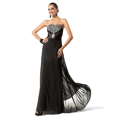 

Sheath / Column Sparkle & Shine Formal Evening Military Ball Dress Sweetheart Neckline Sleeveless Floor Length Chiffon with Beading Crystal Brooch 2021