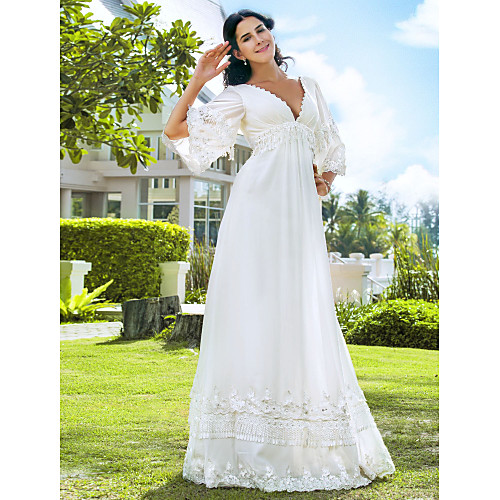 

A-Line Wedding Dresses V Neck Floor Length Chiffon 3/4 Length Sleeve See-Through Backless with Beading 2020 / Illusion Sleeve