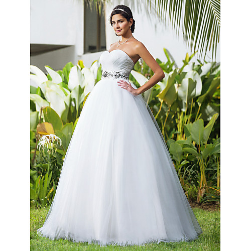 

Ball Gown Wedding Dresses Sweetheart Neckline Floor Length Tulle Sleeveless Open Back with Beading Criss-Cross 2021