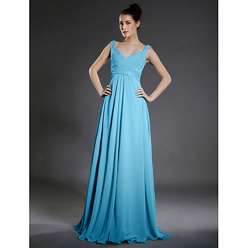 

A-Line Straps / V Neck Floor Length Chiffon Bridesmaid Dress with Criss Cross / Beading / Draping