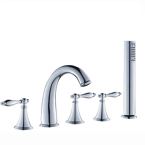 

Bathtub Faucet - Contemporary Chrome Roman Tub Ceramic Valve Bath Shower Mixer Taps / Three Handles Five Holes