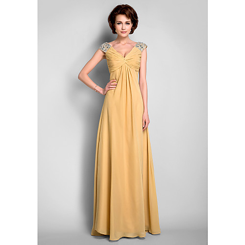 

A-Line Mother of the Bride Dress V Neck Floor Length Chiffon Sleeveless with Criss Cross Beading Draping 2021