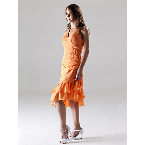 

A-Line Halter Neck / V Neck Asymmetrical / Knee Length Chiffon Bridesmaid Dress with Side Draping