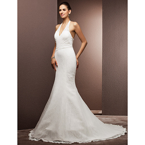 

Mermaid / Trumpet Wedding Dresses Halter Neck Court Train Lace Sleeveless Open Back with Beading Appliques Criss-Cross 2021