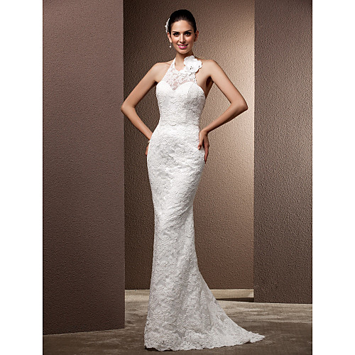 

Mermaid / Trumpet Wedding Dresses Halter Neck Sweep / Brush Train Lace Regular Straps Open Back with Beading Flower Button 2021