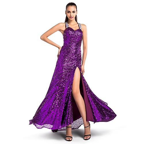 

Sheath / Column Open Back Formal Evening Military Ball Dress Straps Sweetheart Neckline Sleeveless Sweep / Brush Train Sequined with Crystals Split Front 2021