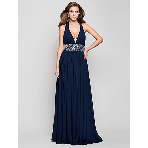 

Sheath / Column Open Back Prom Formal Evening Military Ball Dress Plunging Neck Sleeveless Floor Length Chiffon with Beading Draping 2021