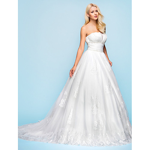 

Ball Gown Wedding Dresses Strapless Court Train Organza Tulle Sleeveless with 2021