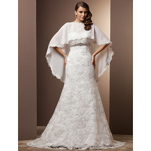 

Mermaid / Trumpet Wedding Dresses Sweetheart Neckline Court Train Chiffon Lace Sleeveless with Crystal Button 2021