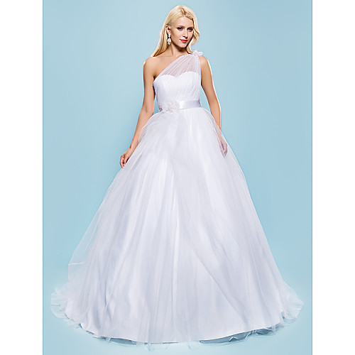 

Ball Gown Wedding Dresses One Shoulder Court Train Tulle Sleeveless with Bowknot Sash / Ribbon Beading 2021