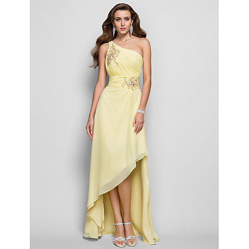 

Sheath / Column Elegant Cocktail Party Prom Dress One Shoulder Sleeveless Asymmetrical Chiffon with Beading Split Appliques 2021